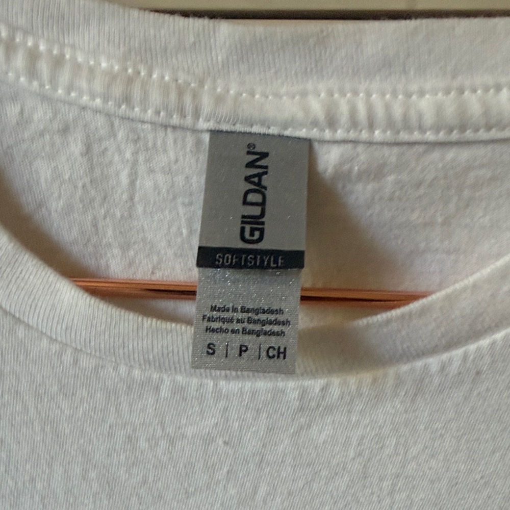 Gildan White Crop Top with Gold Script and Red-Green Stripe - Picture 2 of 3